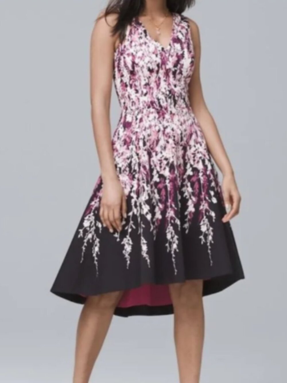 White House Black Market Hi Lo Black White Pink Floral Midi Dress